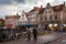 View of Rozenhoedkaai street from the bridge over the River Dijver in central Bruges, Belgium