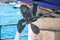 View of rudder and propeller of vessel boat staying in the dry dock