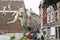 View on Rue Pierreuse graffiti street art on buildings in Liege, Belgium