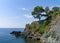 View of rugged coastline from the pedestrian cycle route that links Framura, Bonassola and Levanto in Liguria, Italy