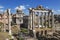 View of the ruins of the Roman forum with the Church of St. Luke and Martina, the triumphal arch of Septimus of the North and the