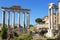 View of the ruins of the Roman Forum with the temple of Saturn. Rome