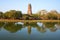 View of ruins of the temple of Wat Phra Ram in beams setting the sun. Ayutthaya