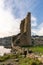 View of the ruins of the Torres de Oeste Castle and fortress on the Arousa River in Galicia