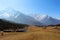 View of runway of Syangboche Airport near Namche Bazaar town with Himalaya mountains in the background