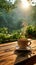 view Rustic charm Sunrise coffee on wooden table amid lush greenery