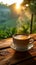 view Rustic charm Sunrise coffee on wooden table amid lush greenery