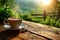 view Rustic charm Sunrise coffee on wooden table amid lush greenery