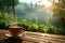 view Rustic charm Sunrise coffee on wooden table amid lush greenery