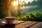 view Rustic charm Sunrise coffee on wooden table amid lush greenery