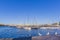 View of sailing boats anchored in the pier of Barcelona Spain