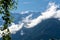 View from Saint-Gervais-les-Bains to white top of Mont Blanc mountaine range in summer