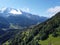 View from Saint-Gervais-les-Bains to white top of Mont Blanc mountaine range in summer