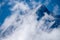 View from Saint-Gervais-les-Bains to white top of Mont Blanc mountaine range in summer