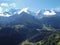 View from Saint-Gervais-les-Bains to white top of Mont Blanc mountaine range in summer