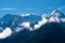 View from Saint-Gervais-les-Bains to white top of Mont Blanc mountaine range in summer