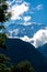 View from Saint-Gervais-les-Bains to white top of Mont Blanc mountaine range in summer