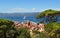 View of Saint Tropez France cityscape and harbor from the Citadelle