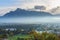 View on Salzburg and mountain Untersberg from mountain Monchsberg. Austria