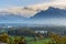 View on Salzburg and mountain Untersberg from mountain Monchsberg. Austria