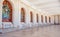 View of Sanctuary of Fatima, Portugal. Basilica of Our Lady of the Rosary seen from and through the colonnade