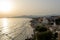 View on sandy beach of Sperlonga on sunset, ancient Italian city in province Latina on Tyrrhenian sea, tourists vacation