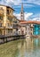 View of the Sant Ambrogio church in the historic center of Omegna, Piedmont, Italy