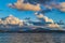 View of Saranda town along the coast, Albania. Beautifil evening view to Balkan mountains and Saranda resort on the Ionian sea