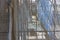 View of scaffoldings through a shielding sheet on a building site Pesaro, Marche