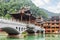 View of scenic bridge on wooded mountains background, Fenghuang