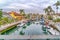 View of the scenic canal with boats from a footbridge in Long Beach California