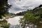 View of the scenic Sungai Tembeling river with floating restaurants at Taman Negara National Park, Pahang