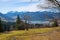 View from schliersberg hill to spa town schliersee and lake, bavarian alps