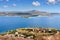 View on sea bay and old Venetian fortress in Aptera on Crete island, Greece
