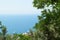 View of the sea coast and the beautiful roofs of the hotels through the framed trees