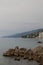 View of the sea coast, sea shore and buildings close to the beach, beautiful Mediterranean coast in Opatija, Croatia, old Austro-H