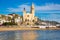 View from sea of Sitges beach and Church, Catalonia, Spain