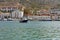 View from the sea to the seaside promenade of the city, the Parking of ships