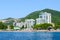 View from sea to Slavic beach in Budva, Montenegro