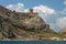 View from the sea on the wall and towers of the Genoese fortress on the rock. Fortress in Sudak.