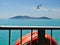 View of a seagull flying sea and island on background during a cruise in bosporus, Prince islands, Turkey
