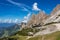 View of Sella group and Gardena pass or Grodner Joch, Dolomites, Italy