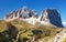 View of Sella Joch pass and mounts Langkofel, Plattkofel