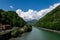 View of the Serchio river from the bridge at Borgo a Mozzano, called `The Devil`s Bridge` or the `Maddalena Bridge`