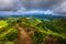 View of Sete Cidades near Miradouro da Grota do Inferno viewpoint, Sao Miguel Island, Azores, Portugal. Grota do Inferno viewpoint