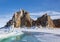 View of Shamanka rock on a sunny winter day. Lake Baikal, Olkhon island. Russia