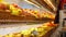 View of shelves with fresh fruits in grocery supermarket. People choosing products at background. Customers buying