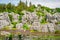 View of Shilin major stone forest with bright fall colors and pond with water reflection and small pavilion on top and overcast