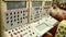 View of ship management console of submarine in fleet museum. Selectors. Details