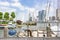 View through the ship`s ropes of a sailing ship on the imposing buildings at the Erasmus bridge in Rotterdam